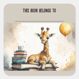 Cuadrada Pegatina Editable Giraffe and Books Bookplate
