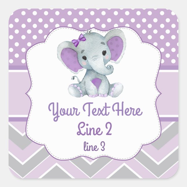 Cuadrada Pegatina elefante Chica gris morado personalizable (Anverso)