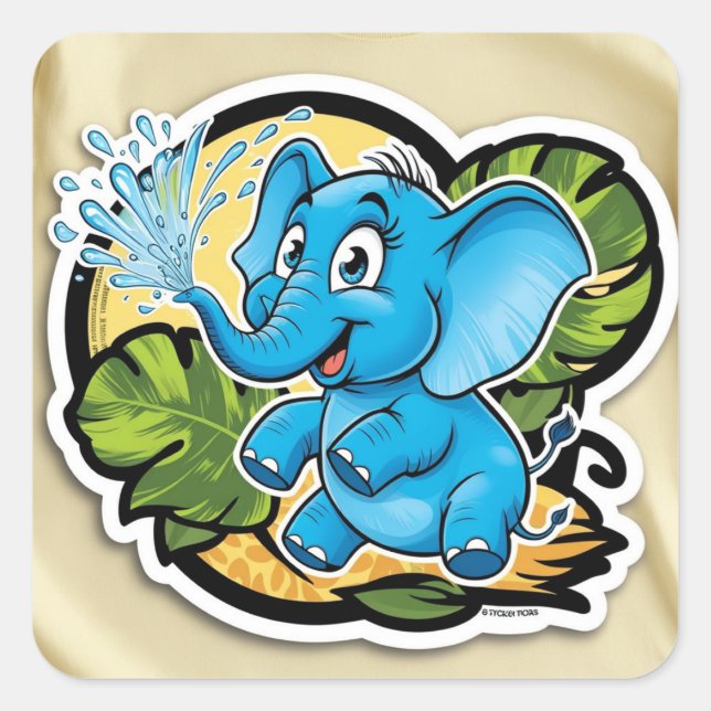 Cuadrada Pegatina elefante lúdico (Anverso)