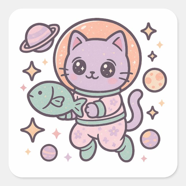Cuadrada Pegatina espacial astronauta Kawaii (Anverso)
