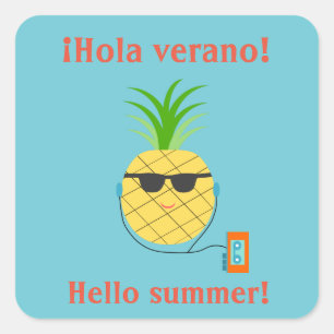 Cuadrada Pegatina español "Hola verano" con piña