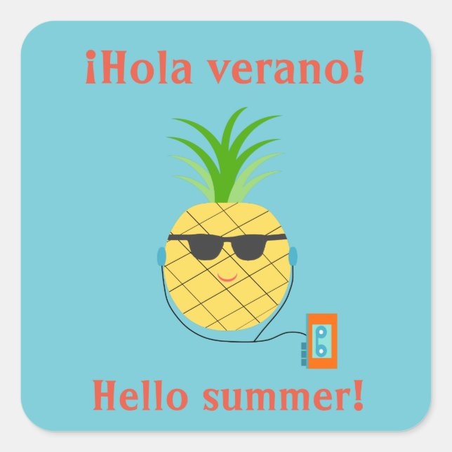 Cuadrada Pegatina español "Hola verano" con piña (Anverso)