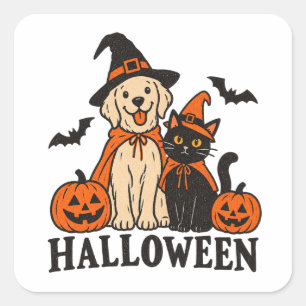 Cuadrada Pegatina espeluznante de Halloween de gato y perro