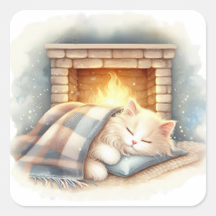 Cuadrada Pegatina estética de invierno acogedor con gato li