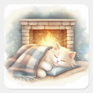 Cuadrada Pegatina estética de invierno acogedor con gato li