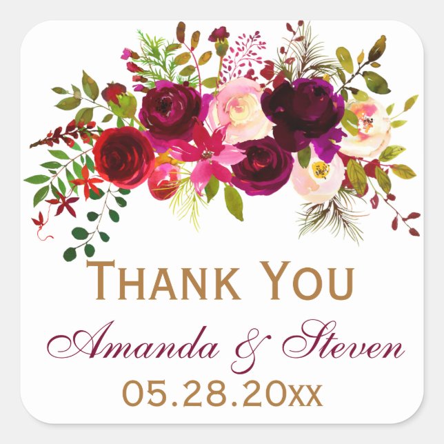 Cuadrada Pegatina favorito de la boda - Florales de Borgoña (Anverso)
