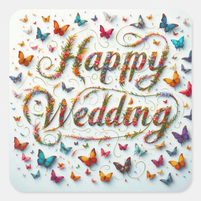 Cuadrada Pegatina feliz Boda (Anverso)