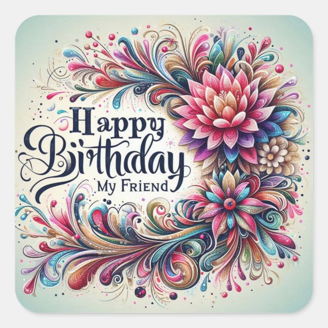 Cuadrada Pegatina Feliz Cumpleaños (Anverso)