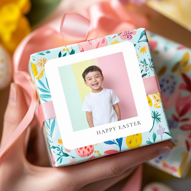 Cuadrada Pegatina feliz de Pascua personalizada con foto (Subido por el creador)