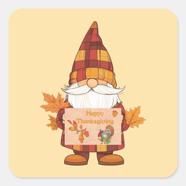 Cuadrada Pegatina Feliz Día de Acción de Gracias Gnome (Anverso)