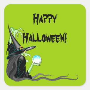 Cuadrada Pegatina Feliz Halloween Bruja Crystal Ball Spooky