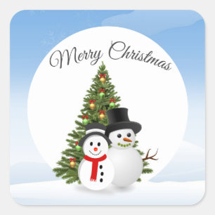 Cuadrada Pegatina Feliz Navidad con muñecos de nieve