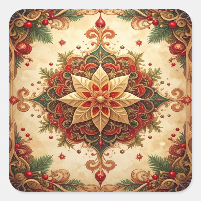Cuadrada Pegatina festiva decorativa roja y verde (Anverso)