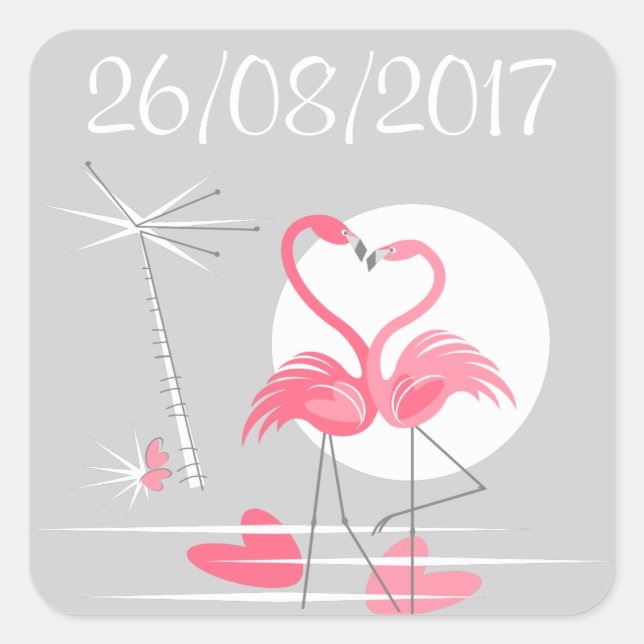 Cuadrada Pegatina Flamingo Love Date (Anverso)
