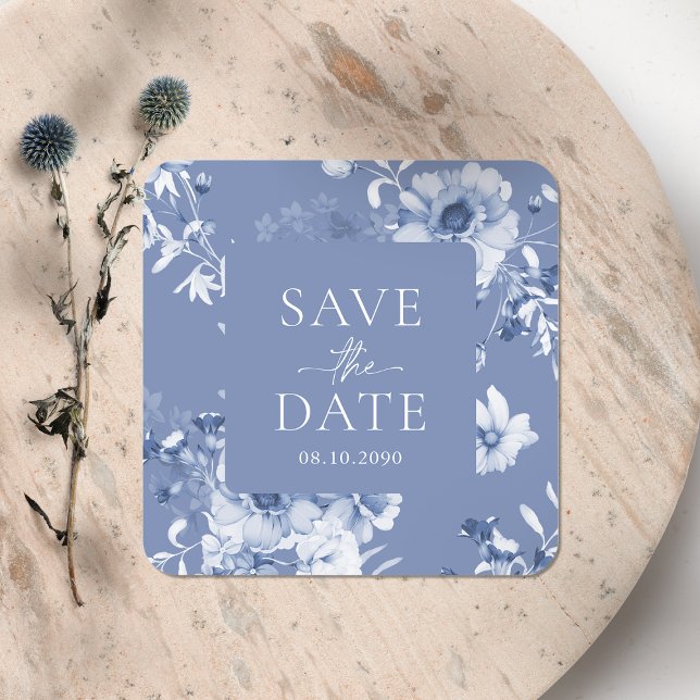 Cuadrada Pegatina floral azul polvoriento "Save the Date" (Subido por el creador)