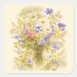 Cuadrada Pegatina floral de acuarela con ramo de flores sil