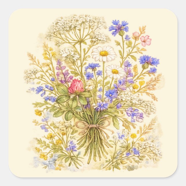 Cuadrada Pegatina floral de acuarela con ramo de flores sil (Anverso)