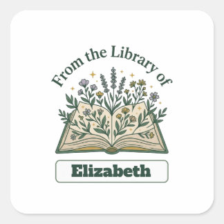 Cuadrada Pegatina floral de biblioteca personalizada con no