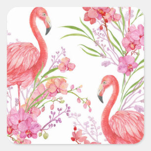 Cuadrada Pegatina floral de color rosa Flamingo