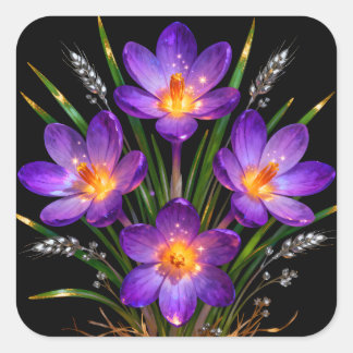 Cuadrada Pegatina floral de crocus púrpura