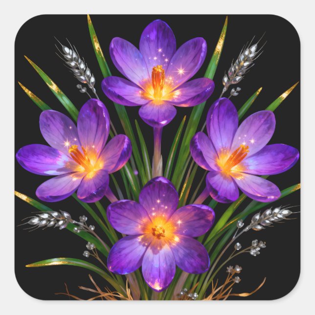 Cuadrada Pegatina floral de crocus púrpura (Anverso)