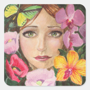Cuadrada Pegatina floral de hadas del verano