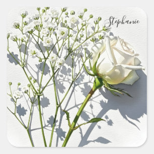 Cuadrada Pegatina floral de rosa blanca personalizada