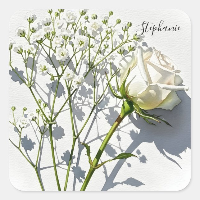 Cuadrada Pegatina floral de rosa blanca personalizada (Anverso)