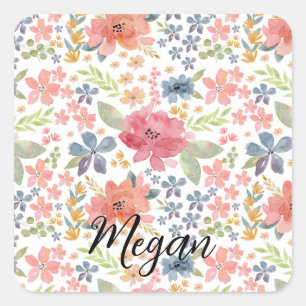 Cuadrada Pegatina floral - Flores de acuarela lindas