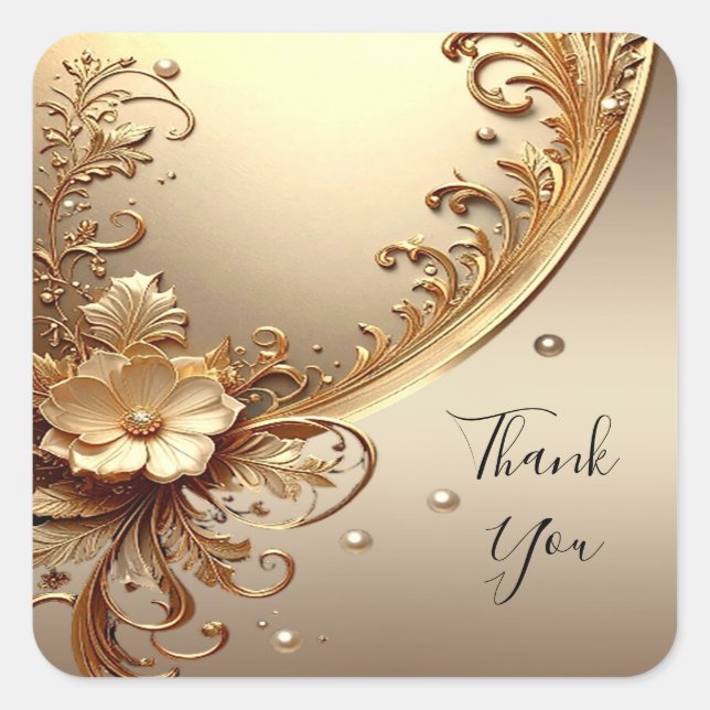 Cuadrada Pegatina floral ornamentada dorada (Anverso)
