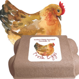 Cuadrada PEGATINA FRESH EGGS con acuarela Hen