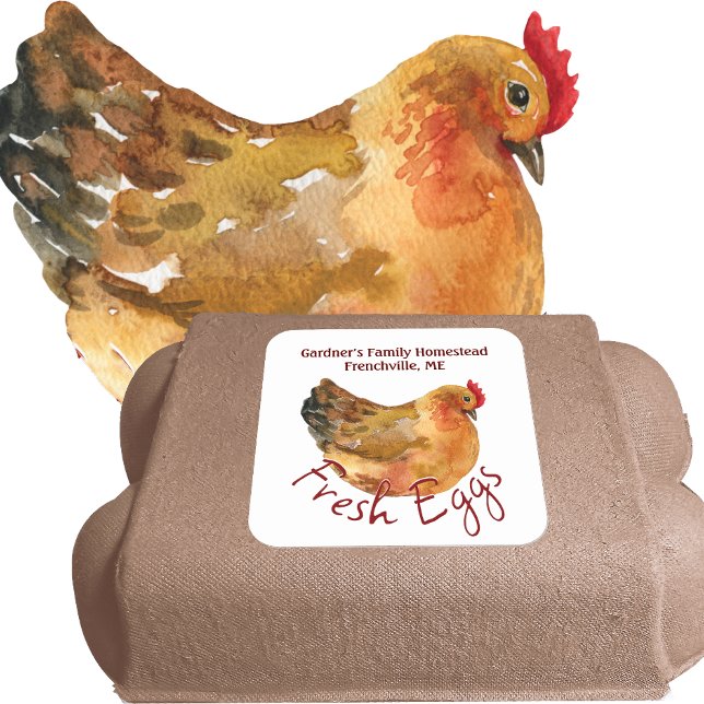 Cuadrada PEGATINA FRESH EGGS con acuarela Hen (Subido por el creador)