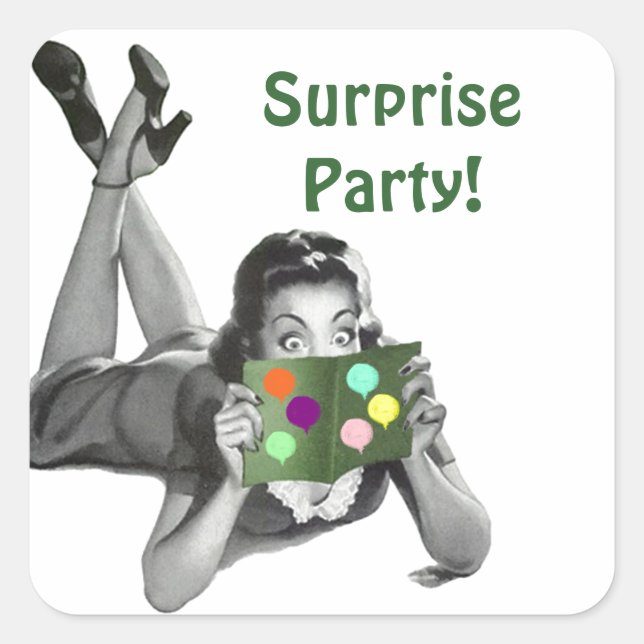 Cuadrada Pegatina Fun Retro Lady Reading card Surprise Fies (Anverso)