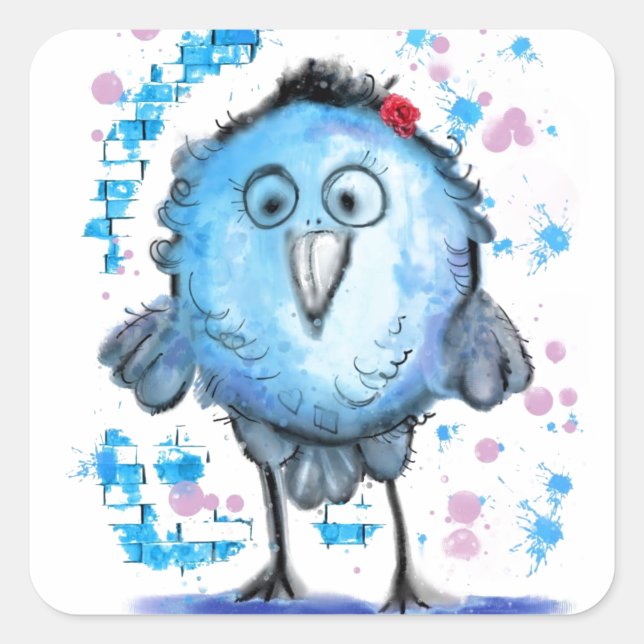 Cuadrada Pegatina gracioso con pájaro azul lindo - personal (Anverso)