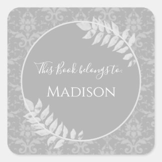 Cuadrada Pegatina Gray Elegant Damask Book
