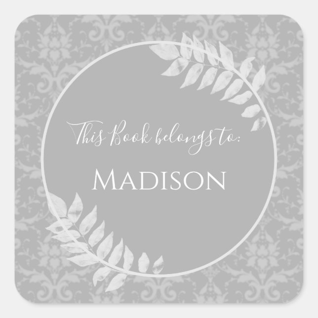 Cuadrada Pegatina Gray Elegant Damask Book (Anverso)