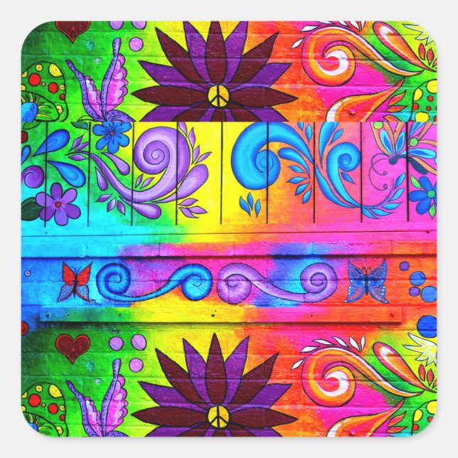 Cuadrada pegatina hippie groovy de los años 70 (Anverso)