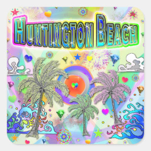 Cuadrada Pegatina Huntington Beach Deep Dream