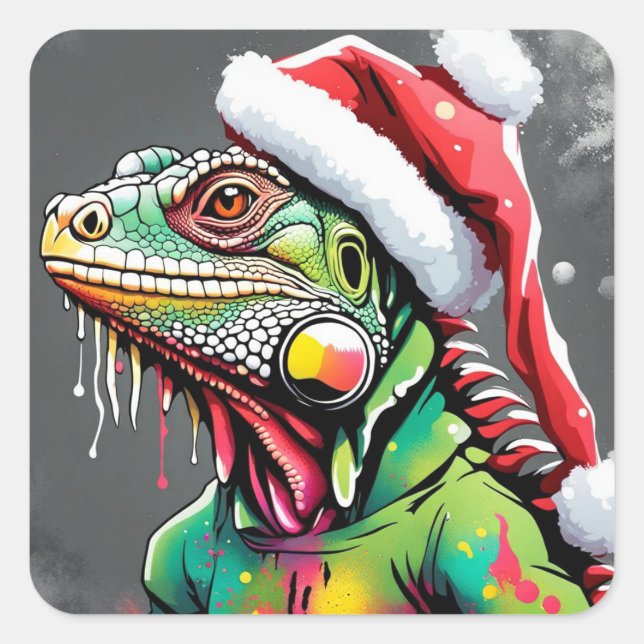 Cuadrada Pegatina Iguana de navidades (Anverso)