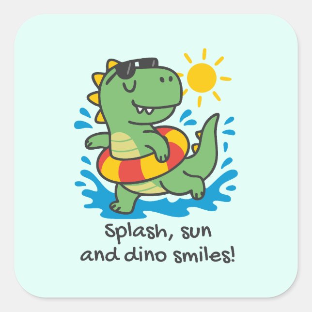 Cuadrada Pegatina infantil de dinosaurio veraniego con flot (Anverso)
