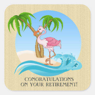 Cuadrada Pegatina jubilatoria de Pink Flamingo Congrats