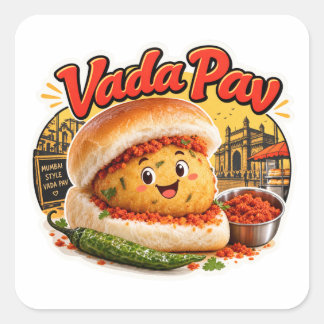 Cuadrada Pegatina Kawaii Vada Pav, Comida Callejera Retro d