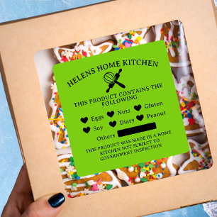 Cuadrada Pegatina Lime Green Food Allergy Alert Bakery