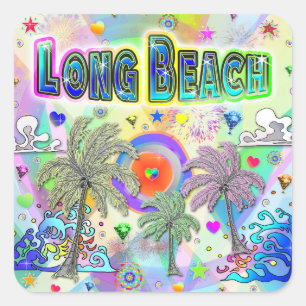 Cuadrada Pegatina Long Beach Deep Dream