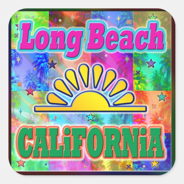 Cuadrada Pegatina Long Beach Sun & Palms (Anverso)