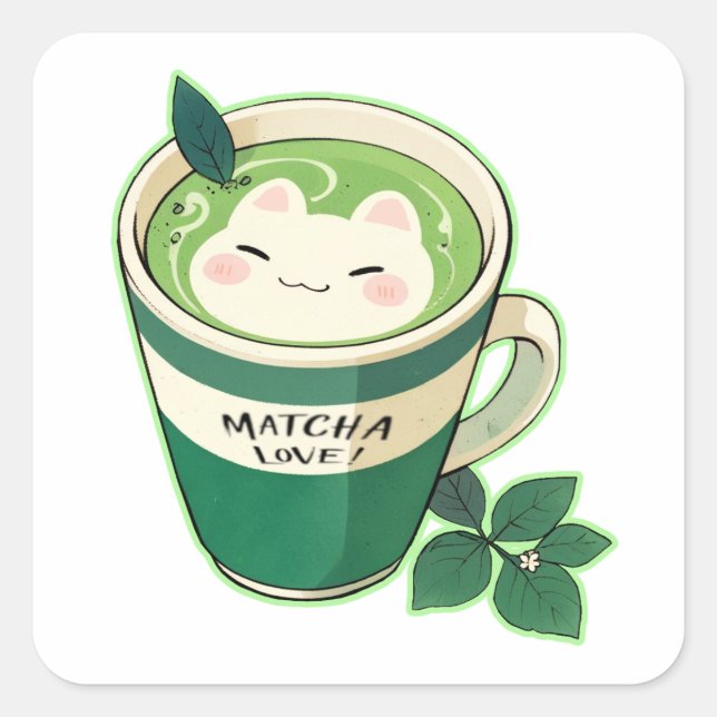 Cuadrada Pegatina Matcha Love Cat (Anverso)