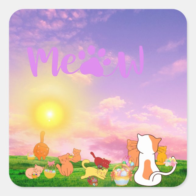 Cuadrada Pegatina Meow Cat Sunrise (Anverso)