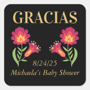 Cuadrada Pegatina mexicano de Fiesta Baby Shower, floral ro