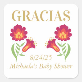 Cuadrada Pegatina mexicano de Fiesta Baby Shower, floral ro