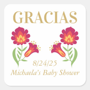 Cuadrada Pegatina mexicano de Fiesta Baby Shower, floral ro